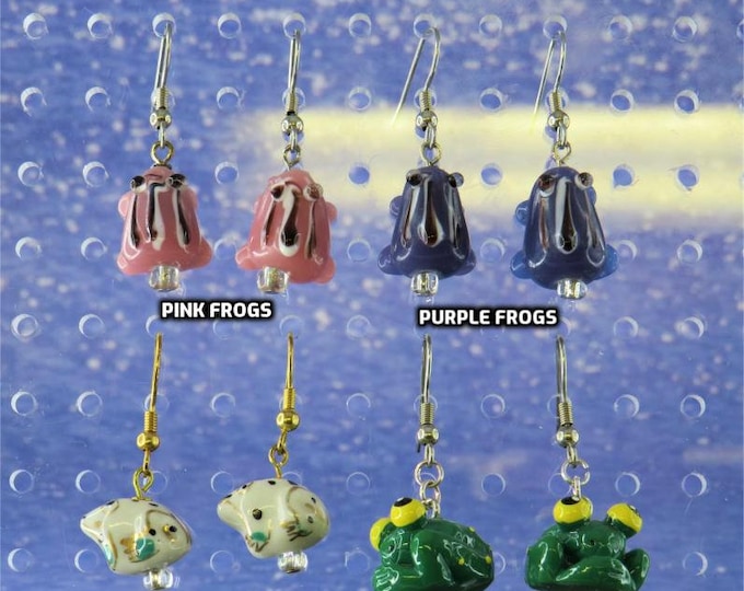 Frog Earrings - Pink Frogs - Purple Frogs - White & Gold Frogs - Big Eyed Frogs - 4 Different to Choose From