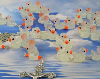 Ducky Rosary - Glows in the Dark - Hand-Painted Duck Beads - Orange Beads - Italian Our Lady of Lourdes Center -Italian Eucharistic Crucifix