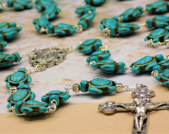 Turquoise Blue Turtle Rosary - Turquoise Blue Stone Turtle Beads - Italian Silver Lourdes Center - Italian Silver Eucharistic Crucifix