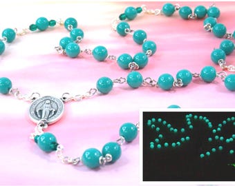 Green Stone "Glow in the Dark" Rosary - Green Glow in The Dark Stone Beads - Italian Miraculous Mary Center - Italian Glow in Dark Crucifix