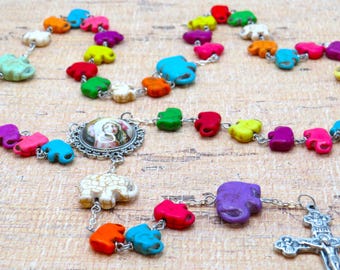 Multi Color Stone Elephant Rosary - Multi Color Stone Elephant Beads - Italian Our Lady of Lourdes Center - Italian Eucharistic Crucifix