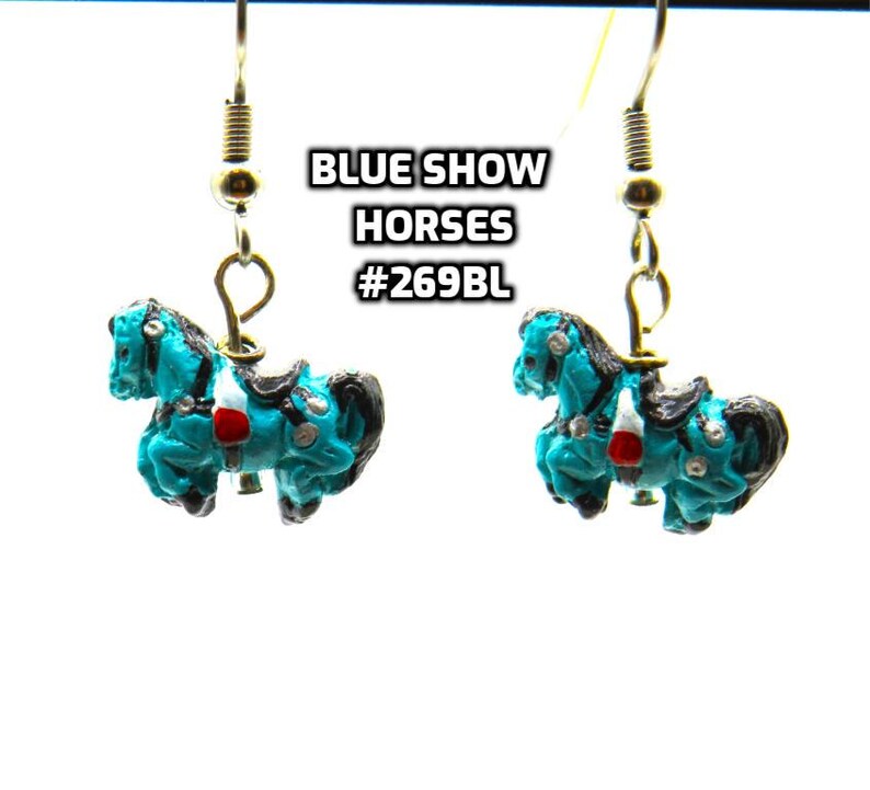 Fun Animal Earrings - Cattle - Cows - Horses - Wolves - Koala Bears - Kangaroos - Llamas - Camels -Hypo Allergenic Surgical Steel Ear Wires Blue Horse