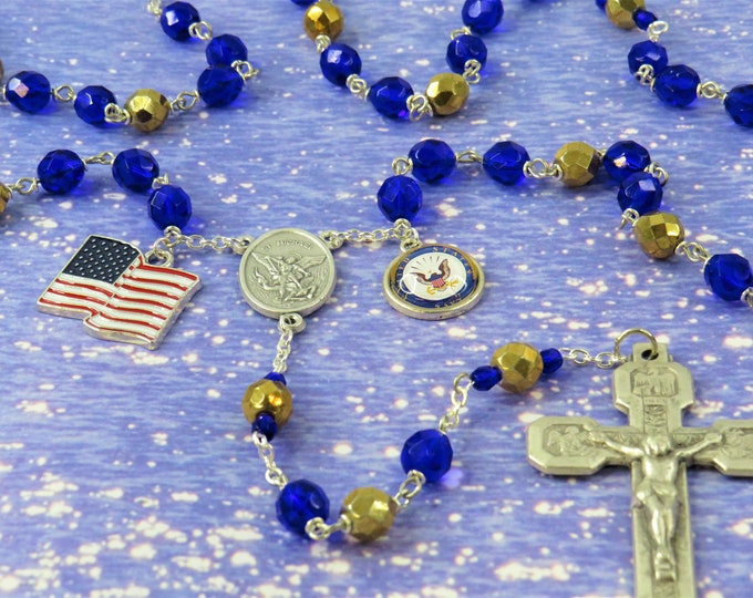 US Navy Military Rosary - Czech Dk Blue and Gold Crystal Beads - St Michael Center - US Navy Insignia Charm - Stations of the Cross Crucifix