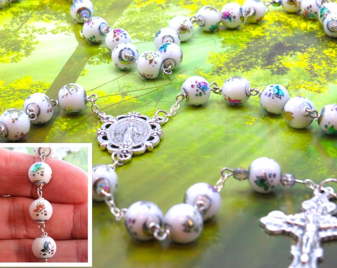 Butterfly Rosary - White Glass Electroplated Butterfly 10mm Beads - Italian Blessed Mother Flower Center - Italian Solid Filigree Crucifix