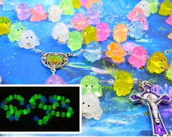 Octopus Rosary - Glows in the Dark - Multi Color Hand-Painted Octopus Beads - Colorful Our Lady of Fatima Center - Purple Enamel Crucifix