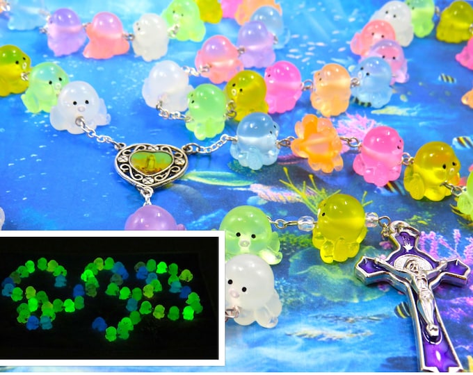Octopus Rosary - Glows in the Dark - Multi Color Hand-Painted Octopus Beads - Colorful Our Lady of Fatima Center - Purple Enamel Crucifix