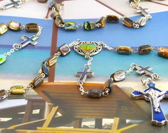 Natural Abalone Paua Shell Rosary - Natural Abalone Paua Shell Beads and Crosses - OL Fatima Center - Blue Enamel St. Benedict Crucifix
