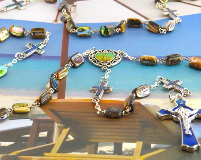 Natural Abalone Paua Shell Rosary - Natural Abalone Paua Shell Beads and Crosses - OL Fatima Center - Blue Enamel St. Benedict Crucifix