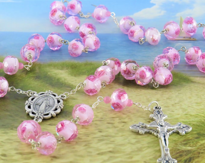 Pink Rose Flower Lamp Glass Rosary - Faceted Pink Rose Flower Lamp Glass Beads - Italian Miraculous Flower Center -Italian Sunburst Crucifix