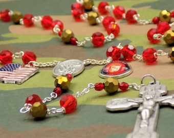 US Marine Military Rosary - Czech Red and Gold Crystal Beads - Italian St Michael Center -US Flag & Marine Charm -Italian Stations Crucifix