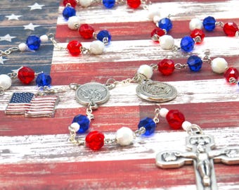 Proud to be American Rosary - Czech Red, White and Blue Crystal Beads - US Flag Charm - St Michael Center - Proud To Be American Charm