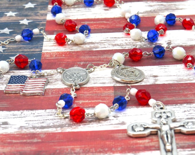 Proud to be American Rosary - Czech Red, White and Blue Crystal Beads - US Flag Charm - St Michael Center - Proud To Be American Charm