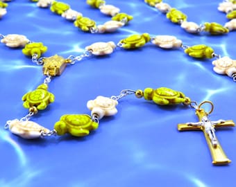 Yellow & White Turtle Rosary - Yellow and White Stone Turtle Beads - Italian Gold Fatima Water Center - Italian Gold and Silver Crucifix