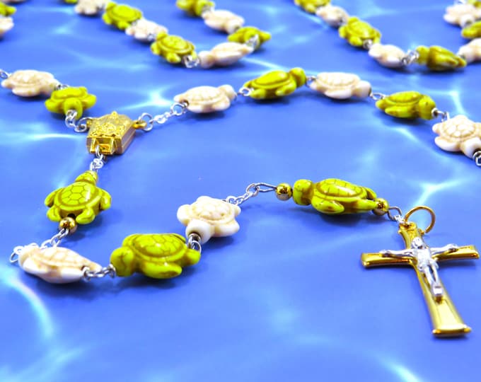 Yellow & White Turtle Rosary - Yellow and White Stone Turtle Beads - Italian Gold Fatima Water Center - Italian Gold and Silver Crucifix