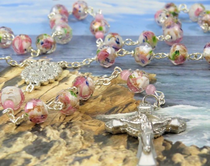 White & Pink Rose Flower Lamp Glass Rosary - Faceted White and Pink Rose Flower Lamp Glass Beads - Mary Flower Center -White Enamel Crucifix