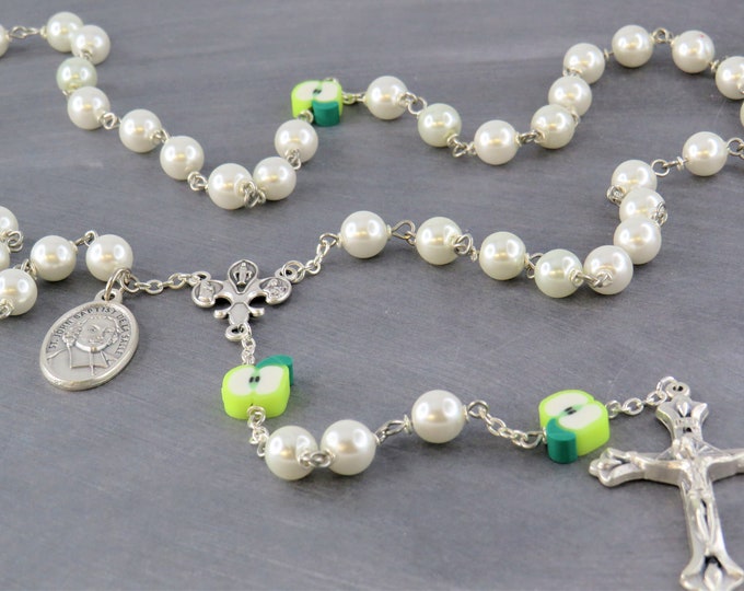 Teacher Rosary - White Glass Pearl Beads - Apple Beads - Fleur-de-Lis Fiat Center - Sunburst Crucifix - St John Baptist De La Salle Medal