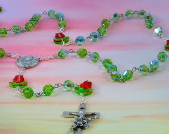 Rose Flower Swarovski Crystal Rosary - Red Rose Flower Crystal Beads - Green Swarovski Beads -St Therese Relic Center-Italian Roses Crucifix