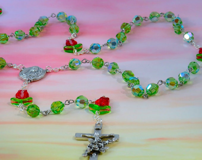 Rose Flower Swarovski Crystal Rosary - Red Rose Flower Crystal Beads - Green Swarovski Beads -St Therese Relic Center-Italian Roses Crucifix