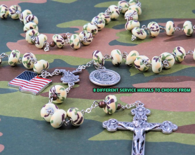 US Military Camouflage Rosary - Camouflage Polymer Clay Beads - Brown Metal Beads -  Italian St Michael Center -Italian Eucharistic Crucifix