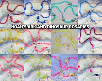 Noah's Ark & Dinosaur Animal Theme Rosaries - Acrylic 8mm and 6mm Spacer Beads - Acrylic Animal Father Beads - Asst Crucifixes and Centers