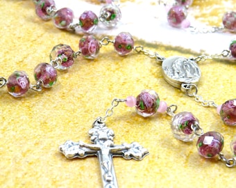 Dk Purple Rose Flower Lamp Glass Rosary -Faceted Dk Purple Rose Flower Lamp Glass Beads -OL of Lourdes Water Center -Italian Ornate Crucifix