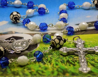 Blue and White Soccer Rosary - Czech Blue & White Glass Beads - Ceramic Soccer Balls - Ital St Sebastian Center-Italian Eucharistic Crucifix