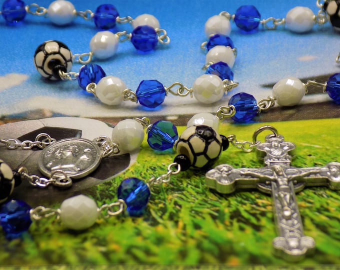 Blue and White Soccer Rosary - Czech Blue & White Glass Beads - Ceramic Soccer Balls - Ital St Sebastian Center-Italian Eucharistic Crucifix