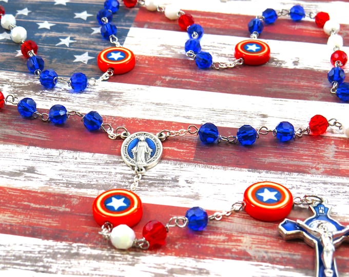 Captain America Rosary -Czech Blue, Red & White 8mm Crystal Beads -Captain America Shield Father Beads-Mary Center-St Benedict Blue Crucifix