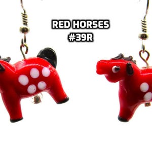 Fun Animal Earrings - Cattle - Cows - Horses - Wolves - Koala Bears - Kangaroos - Llamas - Camels -Hypo Allergenic Surgical Steel Ear Wires Red Lampglass Horse