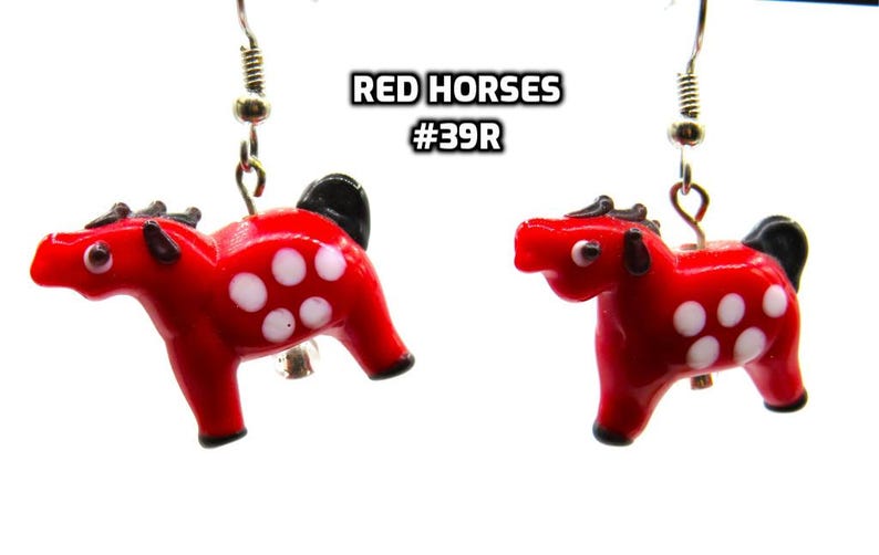 Fun Animal Earrings - Cattle - Cows - Horses - Wolves - Koala Bears - Kangaroos - Llamas - Camels -Hypo Allergenic Surgical Steel Ear Wires Red Lampglass Horse