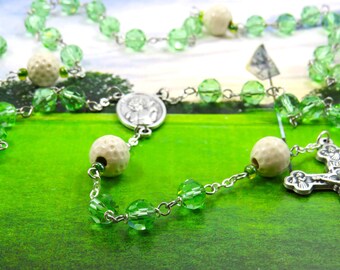 Golf Ball Rosary - Czech 8mm Green Glass Beads - Ceramic Golf Balls - Italian Silver Saint Sebastian Center - Italian Eucharistic Crucifix