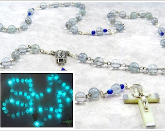 Light Blue Czech Glass "Glow in the Dark" Rosary - Czech Light Blue Glow in The Dark Glass Beads - Lourdes Water Center - Luminous Crucifix
