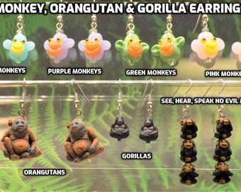 Monkey, Orangutan, and Gorilla Earrings - Lamp Glass Colorful Monkeys - Orangutans and Gorillas - Hypo Allergenic Surgical Steel Ear Wires