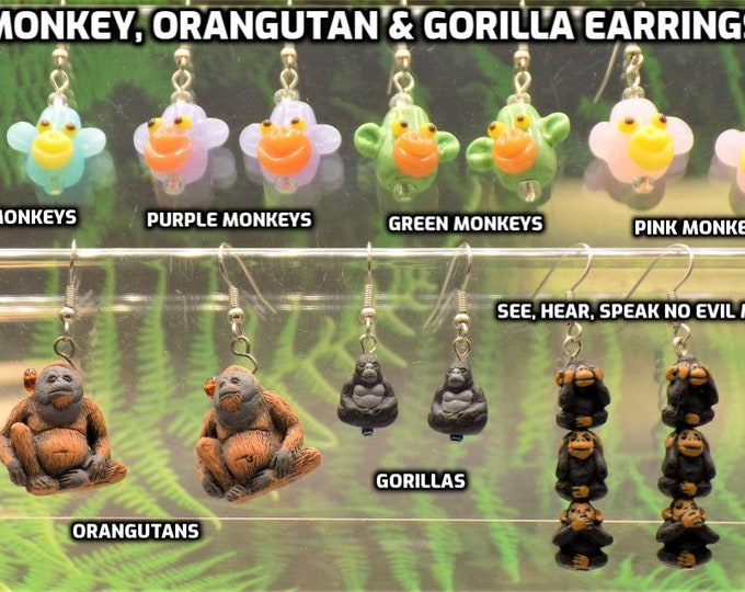 Monkey, Orangutan, and Gorilla Earrings - Lamp Glass Colorful Monkeys - Orangutans and Gorillas - Hypo Allergenic Surgical Steel Ear Wires