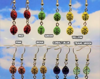 Ladybug Earrings - Red - Green - Yellow - Pink - Beige - Cobalt Blue - Transparent Green - 7 Different Colors to Choose From