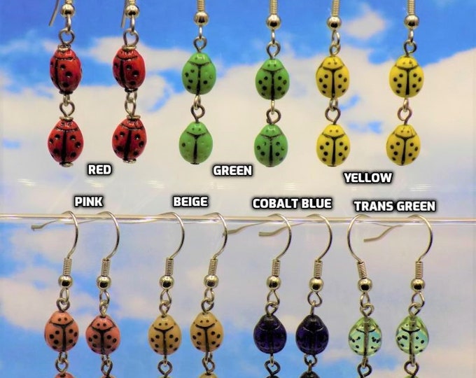 Ladybug Earrings - Red - Green - Yellow - Pink - Beige - Cobalt Blue - Transparent Green - 7 Different Colors to Choose From