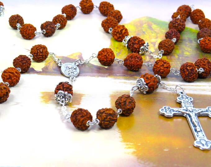 Rudraksha Rosary - Natural Rudraksha Beads - OL of Sorrows with Earth from Jerusalem "Holy Land" Center -Italian Silver Eucharistic Crucifix