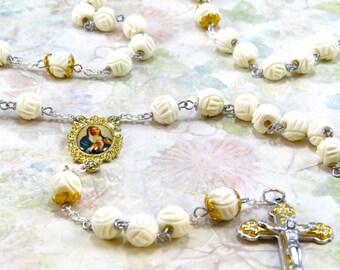 Natural Hand Carved Bone Rosary - Natural Hand Carved 9mm Bone Beads - Metal Accent Beads - Sacred Heart Mary Center -Italian Heart Crucifix