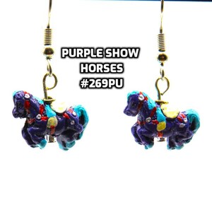 Fun Animal Earrings - Cattle - Cows - Horses - Wolves - Koala Bears - Kangaroos - Llamas - Camels -Hypo Allergenic Surgical Steel Ear Wires Purple Horse