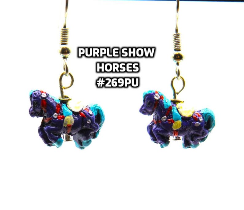 Fun Animal Earrings - Cattle - Cows - Horses - Wolves - Koala Bears - Kangaroos - Llamas - Camels -Hypo Allergenic Surgical Steel Ear Wires Purple Horse