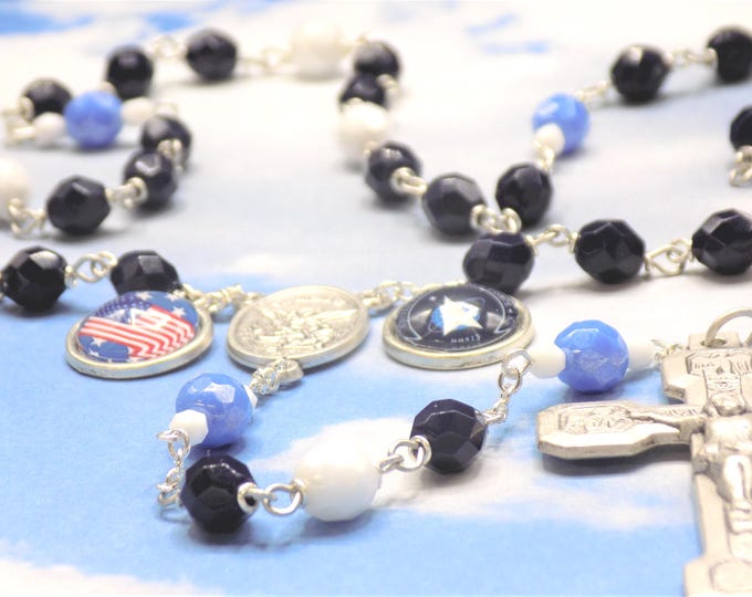 US Space Force Rosary - Czech Navy, White and Blue Crystal Beads - St Michael Center -US Space Force & Flag Charm- Italian Stations Crucifix