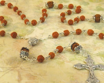 Rudraksha Rosary - Natural Rudraksha Beads - Mary & Child with Earth from Jerusalem "Holy Land" Center - Italian Silver Grapes-Vine Crucifix