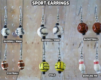 Sports Earrings - Baseballs (2 Sizes) - Footballs - Basketballs - Polo Balls - Bowling Pins - 5 Styles to Choose From