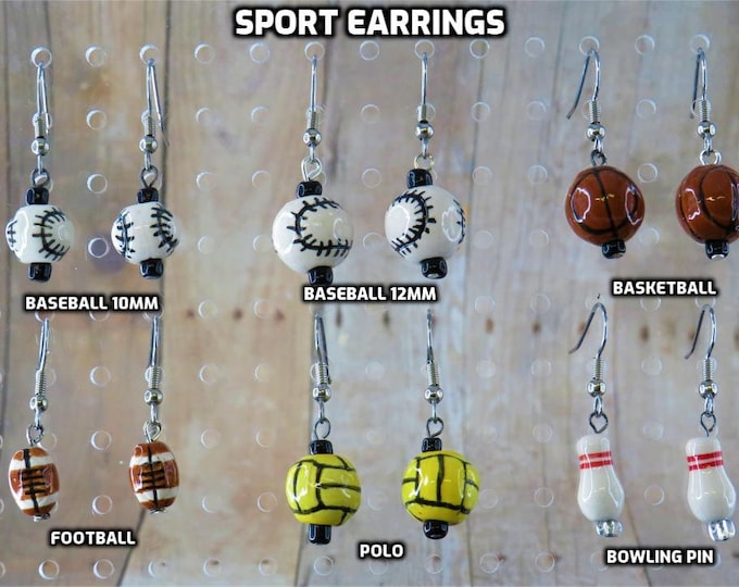 Sports Earrings - Baseballs (2 Sizes) - Footballs - Basketballs - Polo Balls - Bowling Pins - 5 Styles to Choose From