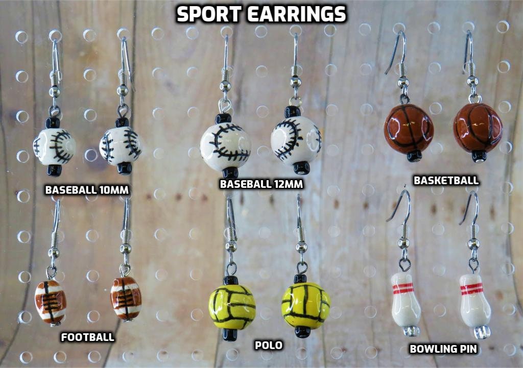 Sports Earrings - Baseballs (2 Sizes) - Footballs - Basketballs - Polo  Balls - Bowling Pins - 5 Styles to Choose From