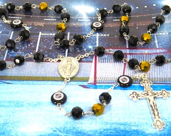 Hockey Rosary - Czech 8mm Black and Gold Beads - Czech Hockey Pucks - Italian Silver Miraculious Mary Center - Italian Eucharistic Crucifix