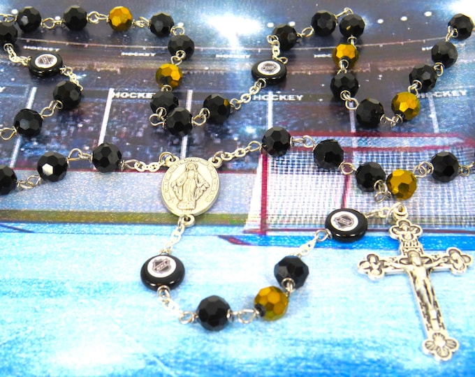 Hockey Rosary - Czech 8mm Black and Gold Beads - Czech Hockey Pucks - Italian Silver Miraculious Mary Center - Italian Eucharistic Crucifix