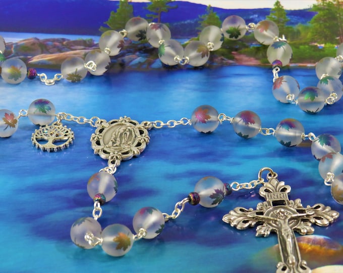 Tree of Life & Leaf Rosary  - Frosted Clear Glass Iridescent Leaf 10mm Beads - Italian Lourdes Center - Italian Ornate Crucifix - Tree Charm