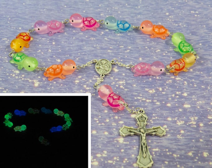 Turtle 1-Decade Rosary - Glows in the Dark - Multi Color Hand-Painted Turtle Beads - Italian St Francis Center -Italian Traditional Crucifix