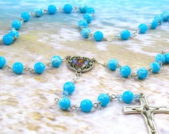 Blue Larimar Quartz Rosary - Blue Larimar Quartz Gemstone Beads - Our Lady of the Rosary Colorful Center - Italian Fancy Filigree Crucifix